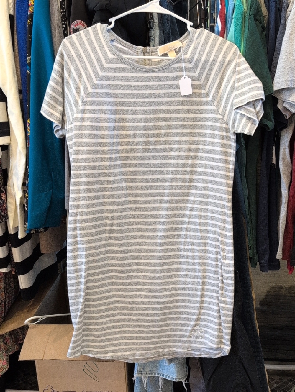 Michael Kors Gray & White Striped Crewneck Dress